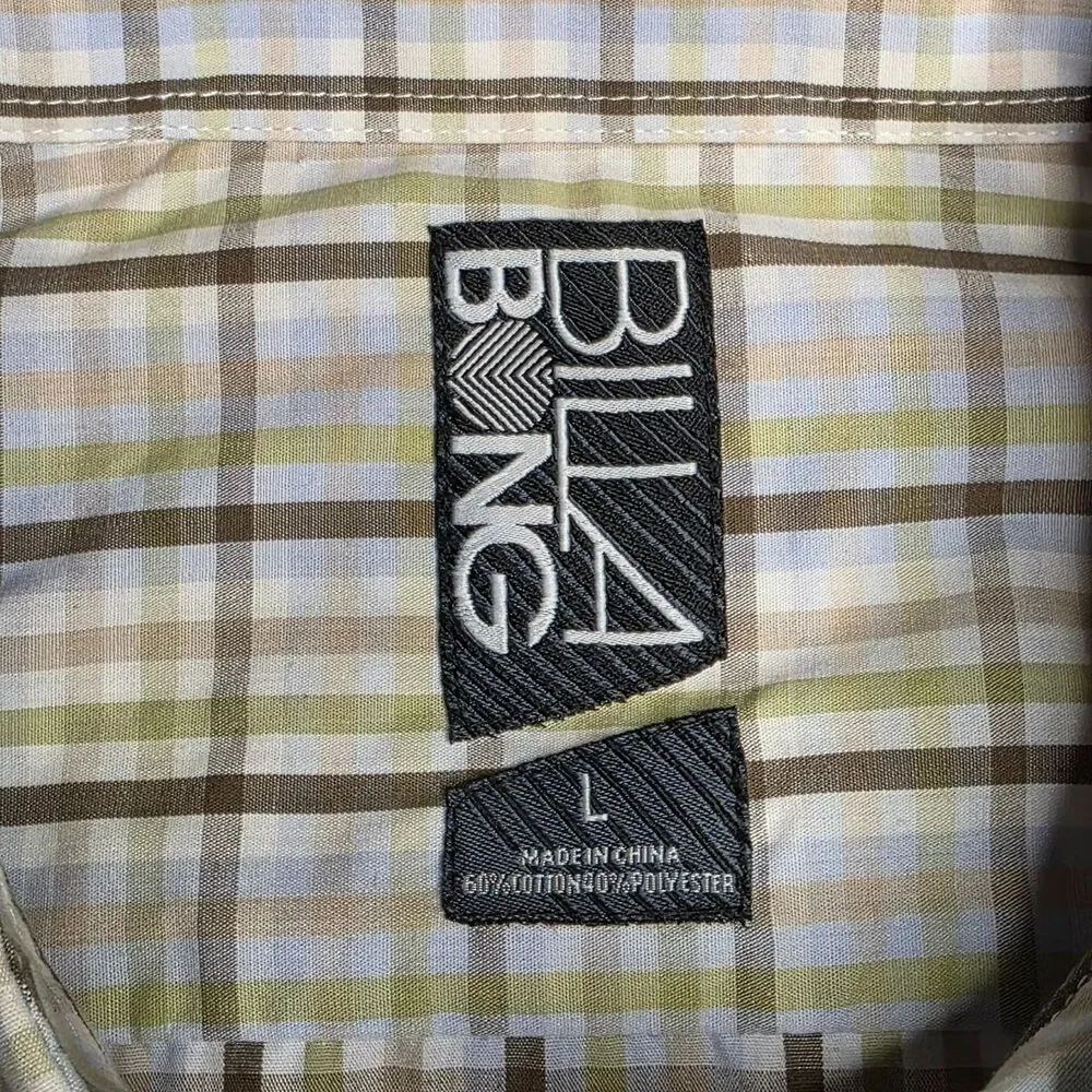 Billabong Men’s M White Olive Green Brown Blue Plaid Shirt SS Button Down
